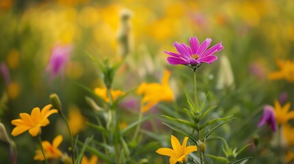 A single pink flower in a field of yellow flowers.