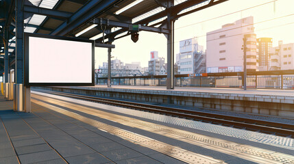 Urban railway platform featuring an unoccupied billboard, city skyline in the backdrop, showcasing a versatile advertising space for potential campaigns