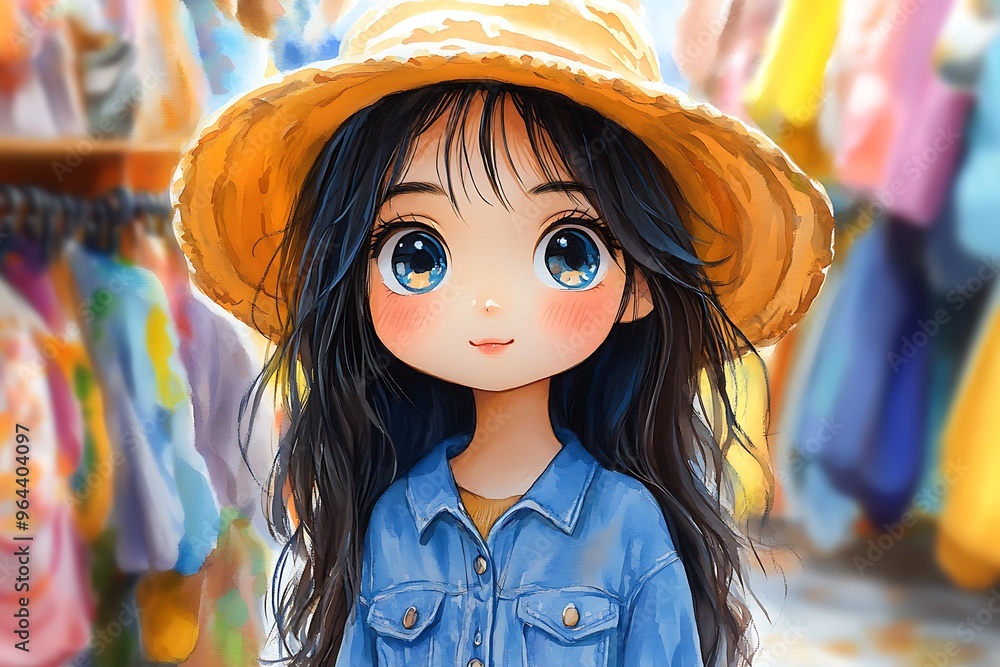 Canvas Prints Anime Girl with Big Eyes and Straw Hat.