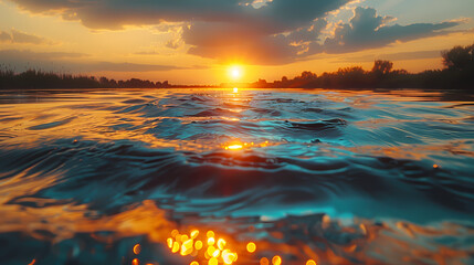 A sunset along the river coast. Smooth water at river.