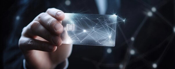 Hand holding futuristic electronic credit card with digital network connections concept