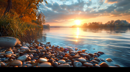 Obraz premium A sunset along the river coast. Smooth water at river.