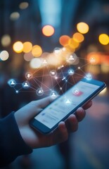Hand holding smartphone with digital icons symbolizing communication and connectivity in a blurred city background at night