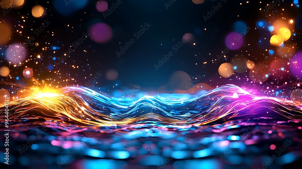 Poster neon lights glow against a dark background, bokeh and sparkles adding depth to the abstract scene.