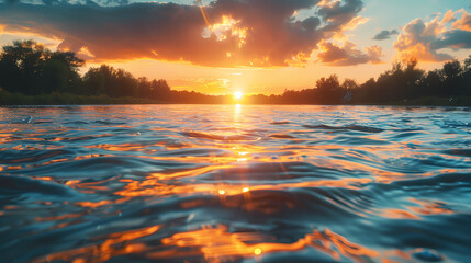 Fototapeta premium A sunset along the river coast. Smooth water at river.