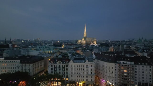 Aerial view of famous places St. Stephen's Cathedral Stephansdom at night. Mother church of the Roman Catholic Archdiocese of Vienna. Austria