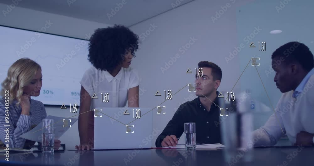 Poster animation of data processing and diagrams over diverse colleagues talking