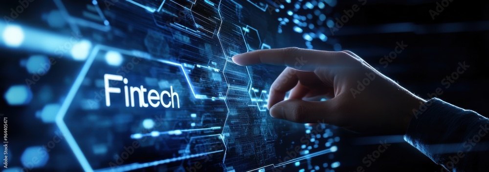 Poster hand touching a futuristic digital screen displaying fintech technology concept with glowing interfa