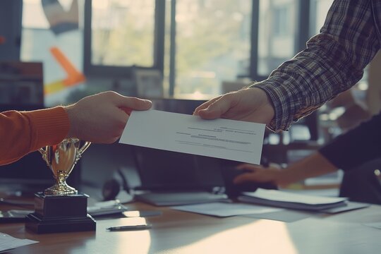 Employee receiving a promotion certificate from the boss, joyful moment, trophy on the desk, bright lighting, corporate setting.