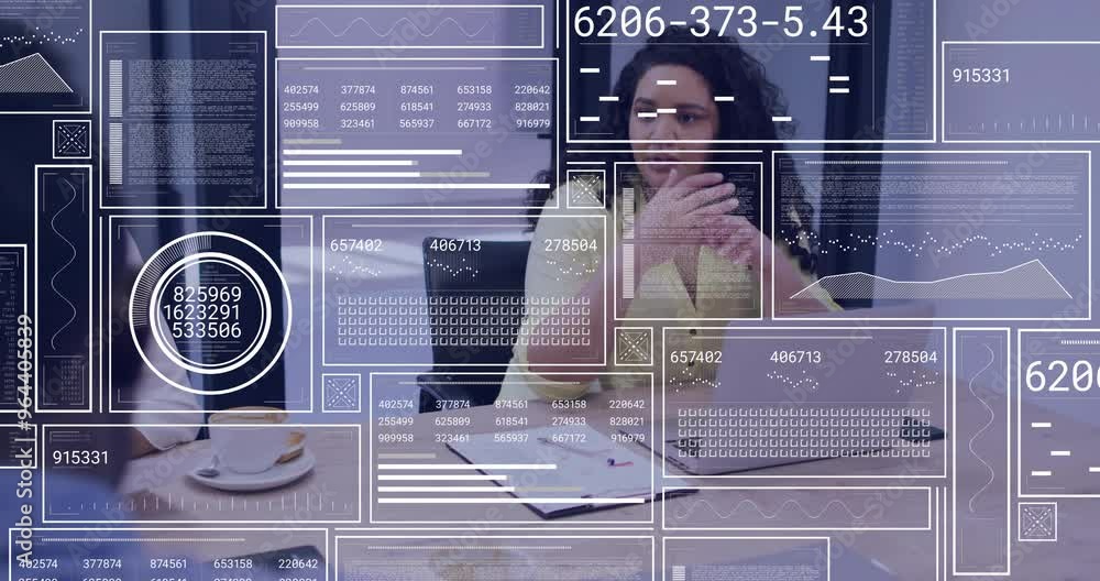 Poster animation of data processing and diagrams over diverse colleagues talking