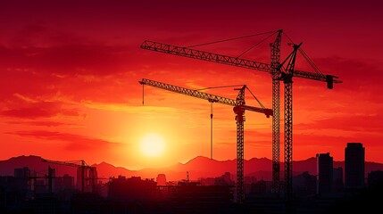 Cranes cast dark silhouettes at sunset, their forms etched against the cityscape�s glowing horizon.