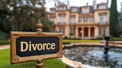 A luxurious mansion with a vintage sign in the foreground that reads Divorce in elegant typography suggesting a stark contrast in themes