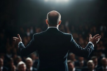 CEO addressing a large audience at a business conference, inspiring posture, dramatic lighting, abstract background with dynamic lines.