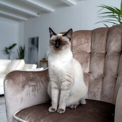 A serene and elegant Siamese cat sitting on a plush velvet chair in a chic, modern interior.
