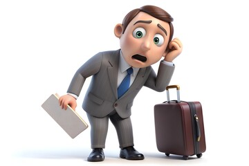 3D cartoon businessman with luggage and folder expressing concern