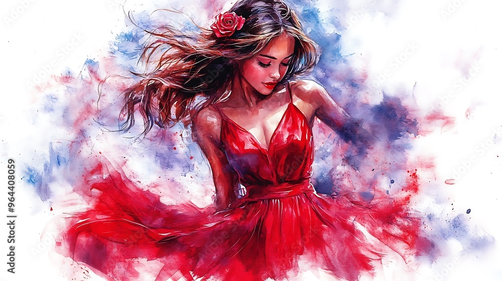 Canvas Prints Watercolor Painting of a Woman in a Red Dress with a Flower in Her Hair.