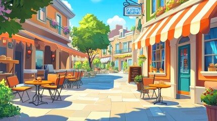 A sunny day at a charming cartoon town cafe with outdoor seating and freshly baked goods, the empty tables awaiting cheerful customers.