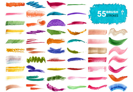 Vector collection of colorful watercolor brush strokes and splatters isolated on white background.