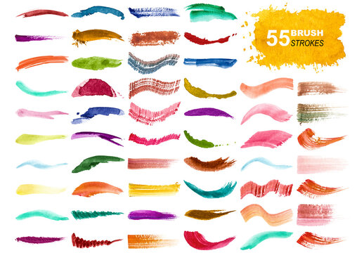 Vector collection of colorful watercolor brush strokes and splatters isolated on white background.