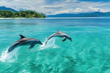 Dolphins playing in crystal-clear ocean waters, leaping out of water, energetic movement, tropical islands in the distance.