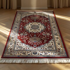 Traditional Persian carpet intricately woven with deep reds and blues laid out on clean white surface showcasing historical significance and craftsmanship. Oriental rug concept