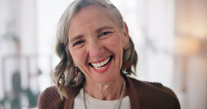 Laugh, face and senior woman in home with excitement for retirement fund payout with finance. Happy, relax and portrait of elderly female person from Canada with positive attitude for pension income.