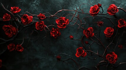 Twisting vine of blood red roses with thorns, set against a dark background. Ideal for romantic or gothic concepts, with space for text.