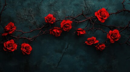 Twisting vine of blood red roses with thorns, set against a dark background. Ideal for romantic or gothic concepts, with space for text.