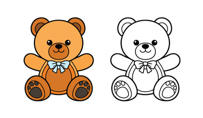 A cheerful teddy bear illustration in silhouette flat design logo sitting and smiling. This cute single line toy simple outline cartoon style icon vector isolated on a transparent background for kids