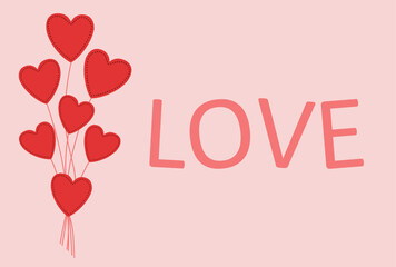 Bunch of red balloons in the form of heart and text love on pink background. Vector flat illustration. Bright greeting card for Valentine's Day. Horizontal colorful banner and flyer. 
