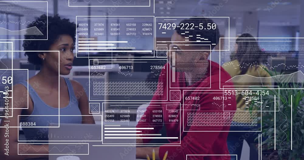 Aufkleber animation of data processing and diagrams over diverse colleagues talking
