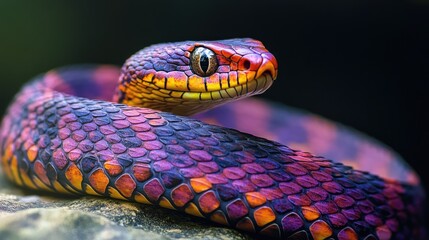 Fototapeta premium A vibrant snake coiled on a rock, its sharp eyes staring ahead, reflecting its predatory nature.
