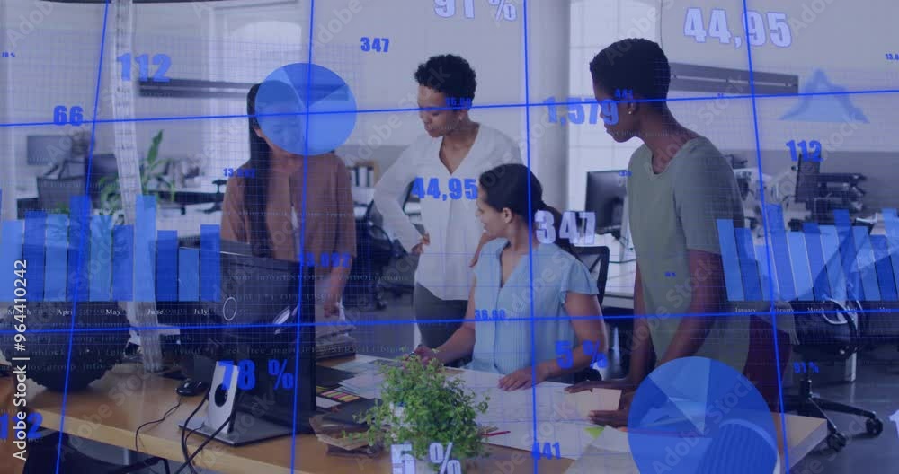Poster animation of data processing and diagrams over diverse colleagues talking
