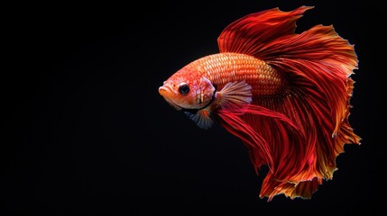 Fototapeta premium Stunning decorative piece featuring elegant ruby red and sunny gold betta fish with intricate gilded shimmer over deep black canvas, large wall hanging for elegant hall. Realistic photograph,