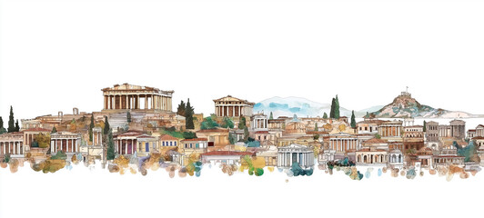 Fototapeta premium Watercolor Painting of Athens Greece City Skyline on white background 