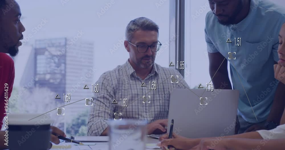 Poster animation of data processing and diagrams over diverse colleagues talking