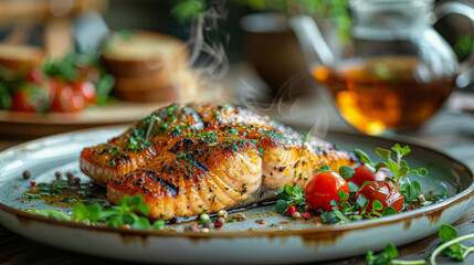 A plate of fish with lemon slices and herbs on top. The plate is set on a wooden table with a pitcher of tea and a bowl of bread