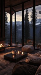 A warm and inviting mountain cabin interior with large windows, a fireplace, and candles.