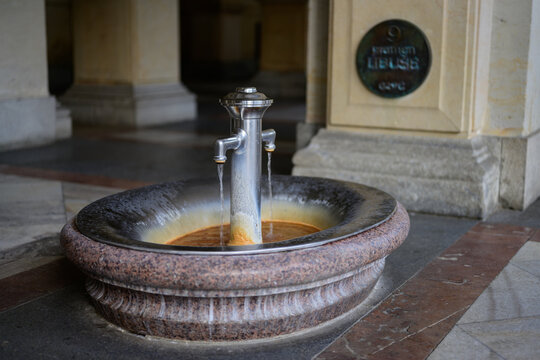 Libuse Pramen Hot Spring with Mineral Water in the Mill Colonnade or Mlynska Kolonada in Karlovy Vary, Carlsbad, Czech Republic