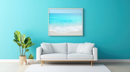 Minimalist acrylic artwork of ocean waves, framed in a beach house living room, summer relaxation theme