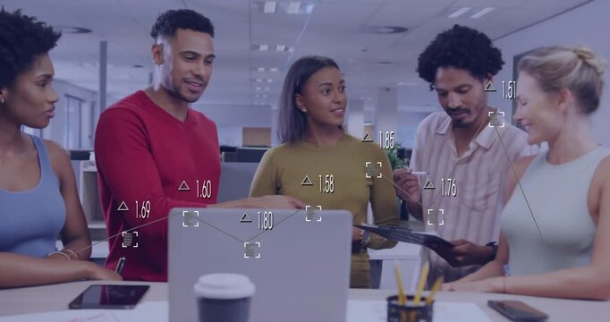 Animation of financial data processing over diverse business people working together - Powered by Adobe