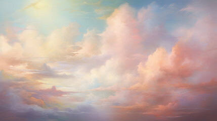 Obraz premium Ethereal Cloudscape Background. Beautiful skyscape with the sunlight. The sky is filled with fluffy clouds in shades of pink, purple, and blue. Tranquil and picturesque scene. Warm glow.