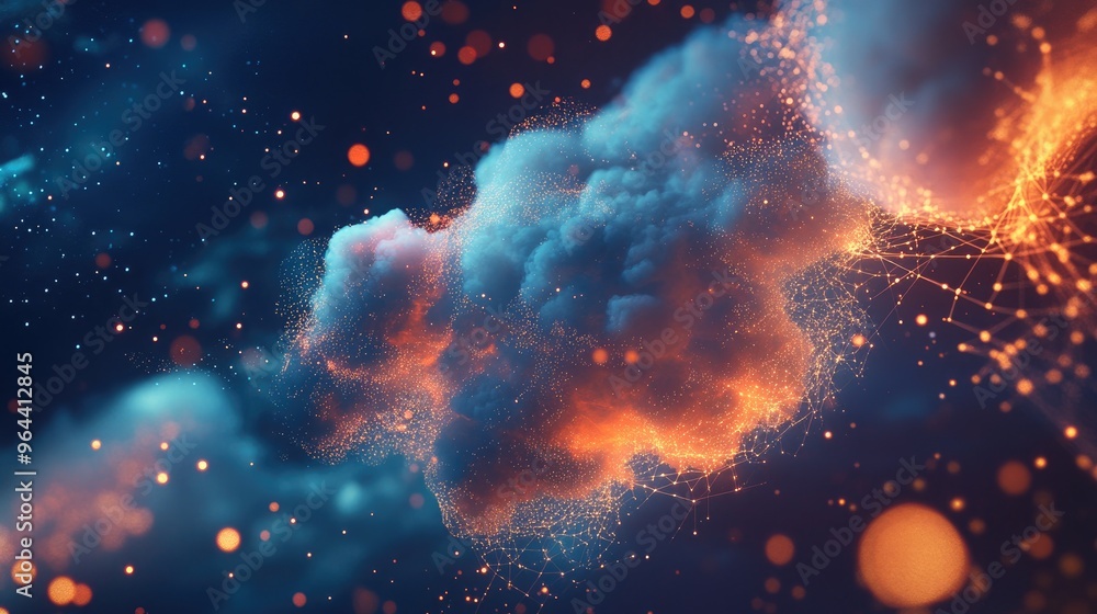 Poster abstract visualization of cloud computing and data networks connecting cities globally, emphasizing 