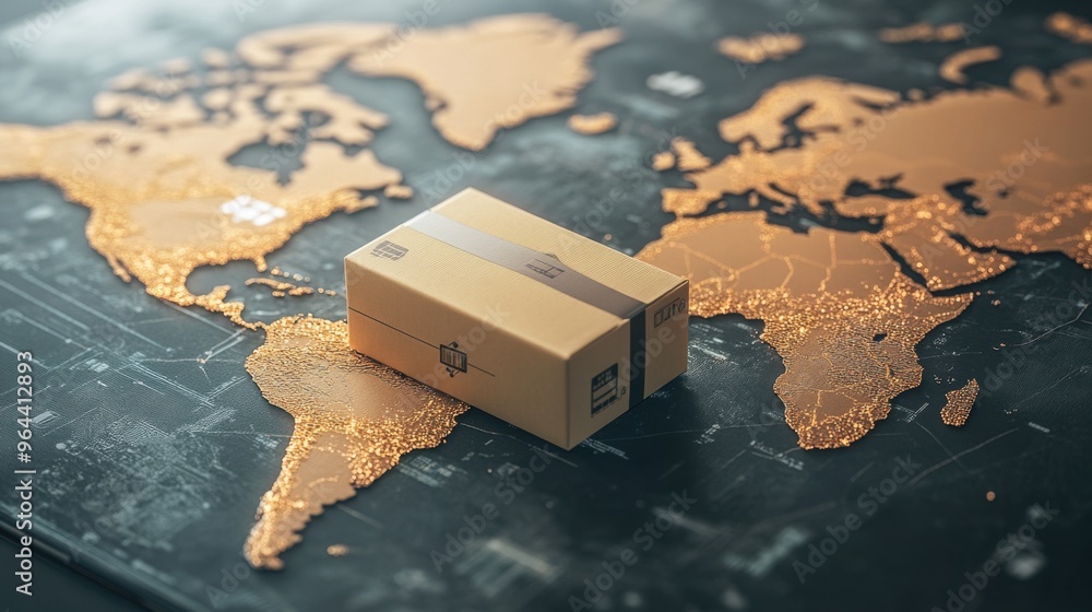 Aufkleber product delivery optimization using technology, represented by a package on a global map, symbolizin