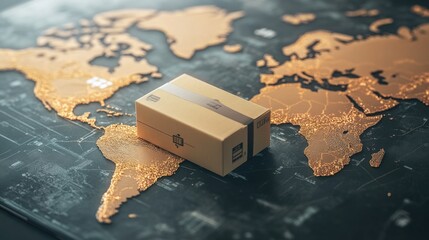 Fototapeta premium Product delivery optimization using technology, represented by a package on a global map, symbolizing efficiency improvements.