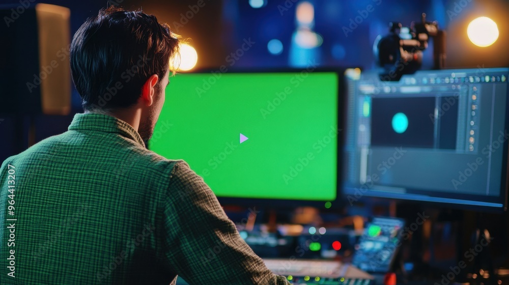 Aufkleber professional video editor using sophisticated software to seamlessly integrate green screen images i