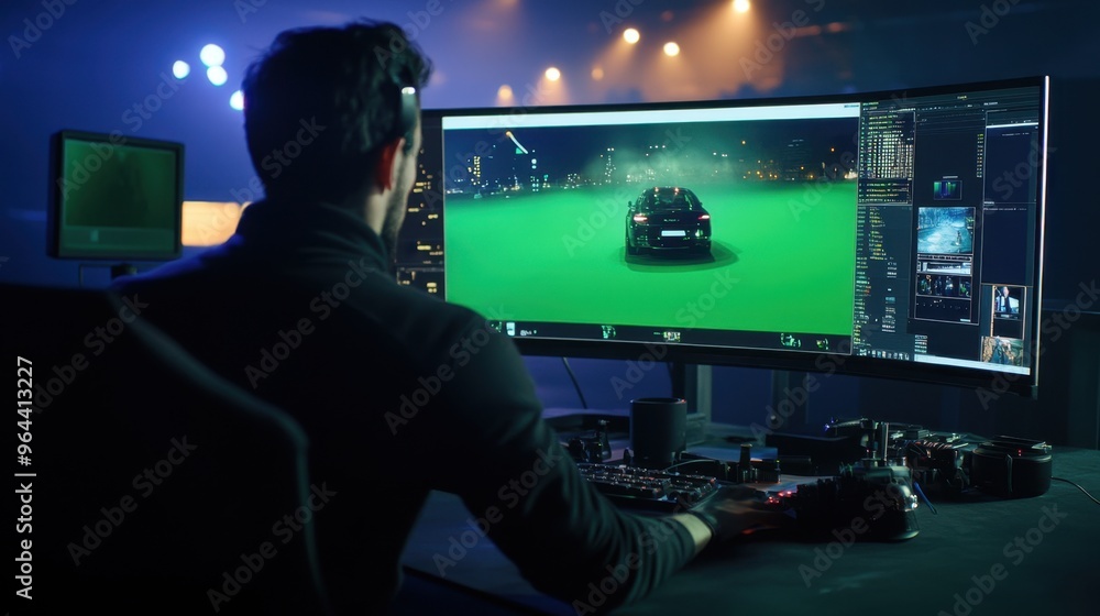 Aufkleber professional video editor using sophisticated software to seamlessly integrate green screen images i
