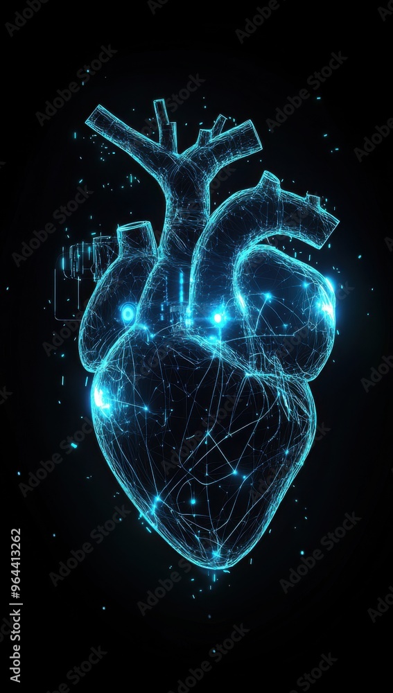 Poster digital heart with ai interface glowing in blue, symbolizing the future of technology and artificial