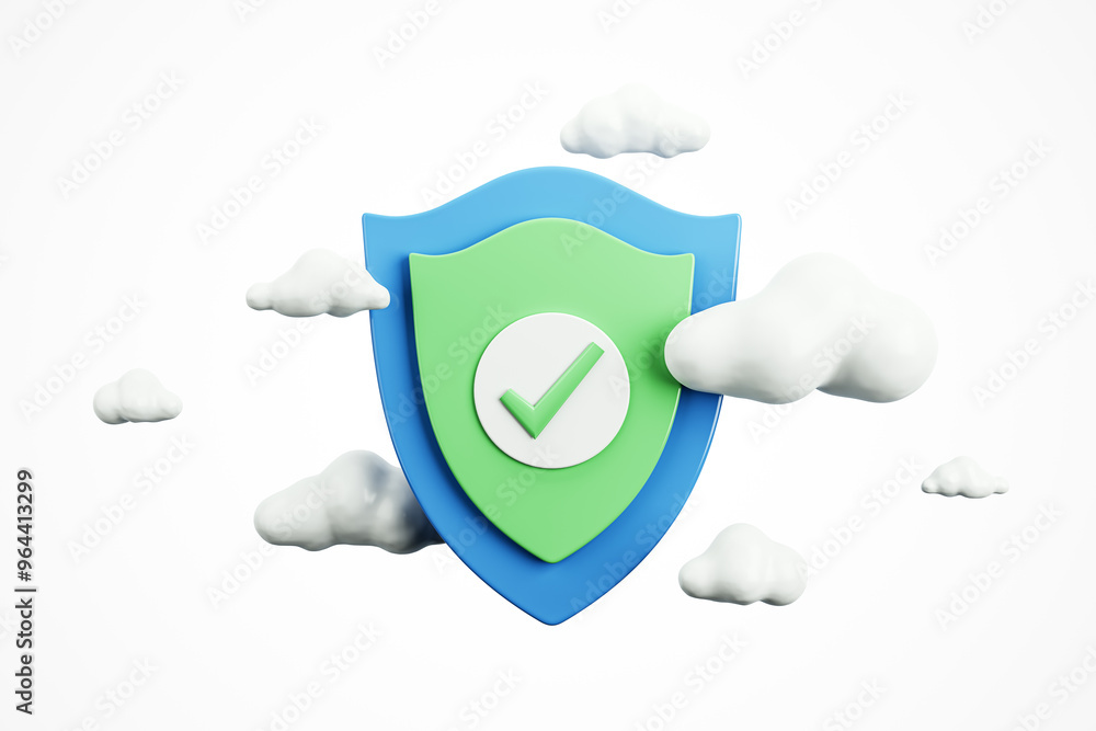 Poster Shield with a Checkmark for Cybersecurity and Cloud Protection Concept. 3D Rendering