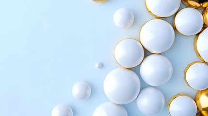 Minimalist Collection of White and Gold Spheres on Light Blue Background